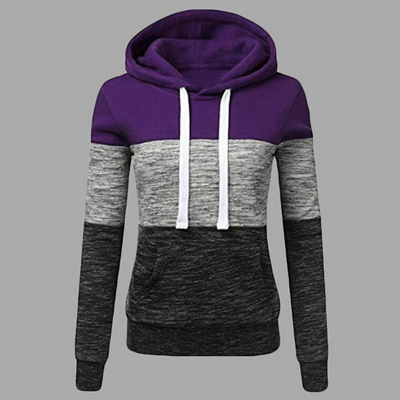 IROINNID Discount Hoodie for Women Casual Patchwork Drawstring Hoodies Long Sleeve Slim Hooded Sweatshirt Pullover,Purple
