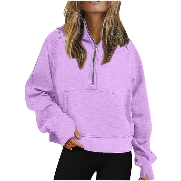 IROINNID Hoodie for Women Solid Casual Pullover Loose Long Sleeve Fall Basic Tops with Zipper Pocket,Purple