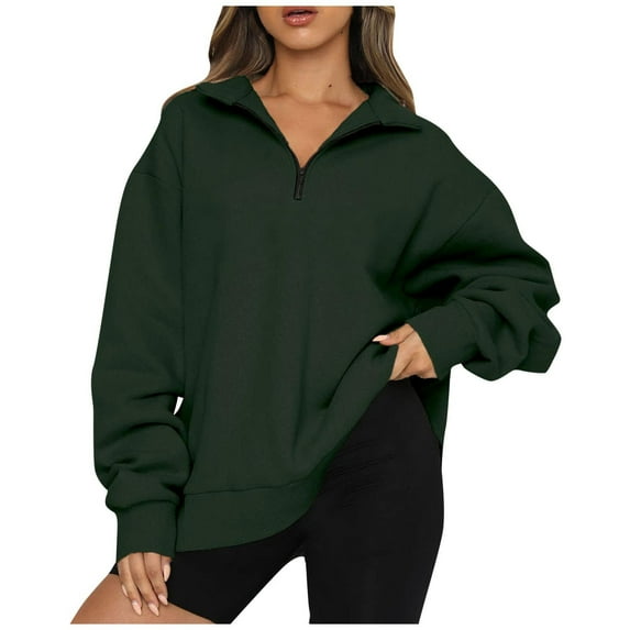 IROINNID Discount Hoodies for Women Zip Up Lounge Solid Color Lapel Neck Long Sleeve Loose T-Shirt Blouse Pullover Tops,Green
