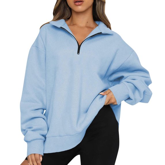 IROINNID Discount Hoodies for Women Zip Up Lounge Solid Color Lapel Neck Long Sleeve Loose T-Shirt Blouse Pullover Tops,Sky Blue