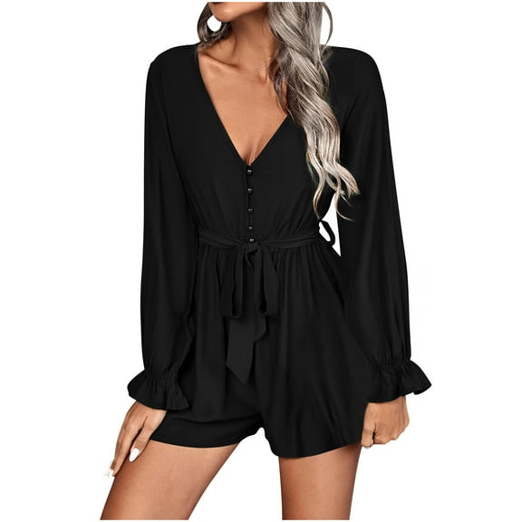 IROINNID Jumpsuit Shorts for Women Comfy V-Neck Jumpsuit V-Neck Print Short Sleeve Jumpsuit,Black