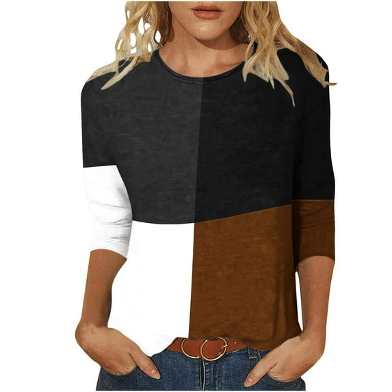 IROINNID Discount Ladies 3/4 Sleeves T Shirts Printed Loose T-shirt Mid-length Blouse Round Neck Lounge Tops,Khaki