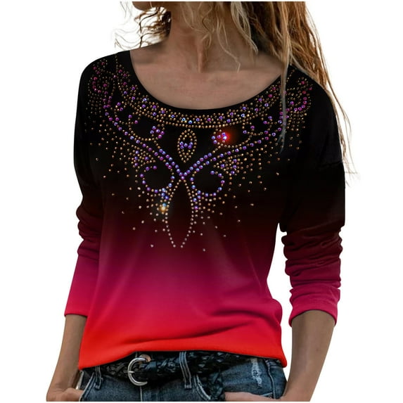 IROINNID Discount Ladies Long Sleeve T Shirts Lounge Printing Round Neck Loose T-Shirt Autumn Blouse Pullover Tops,Red