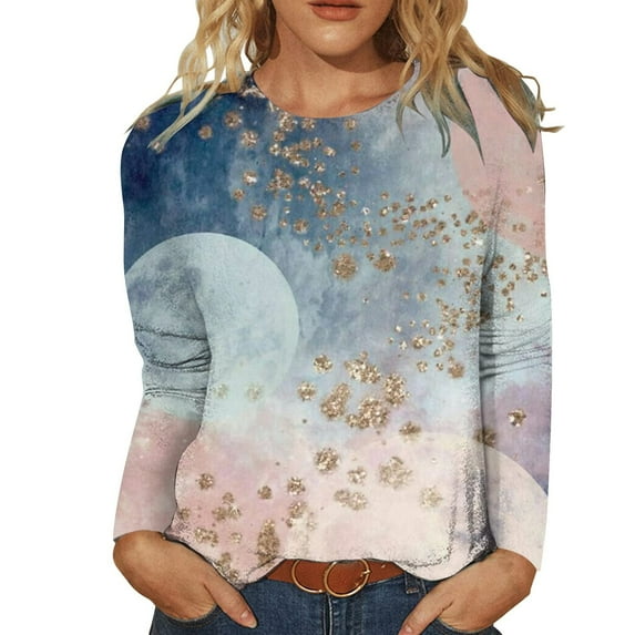 IROINNID Discount Ladies Long Sleeve T Shirts Lounge Round Neck Printed Loose Shirt Blouse Tops,Gray