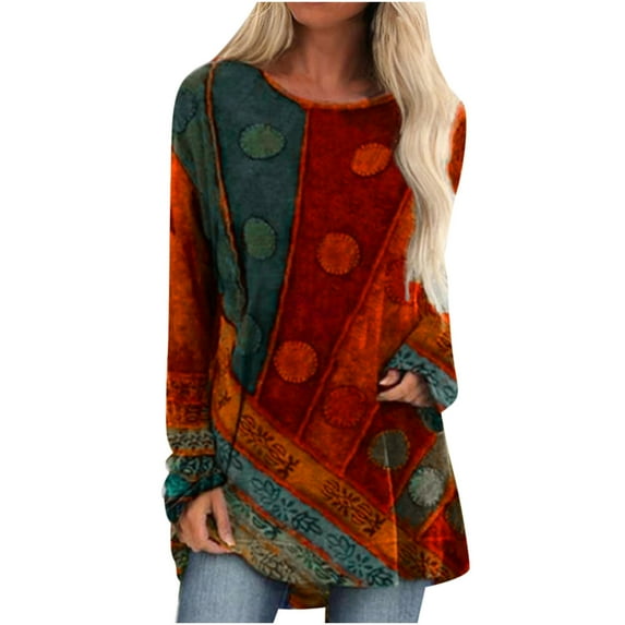 IROINNID Ladies Long Sleeve T Shirts O-Neck Ethnic Style Print Home Plus Size Top,Green