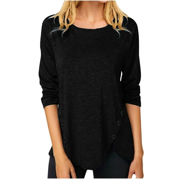 IROINNID Ladies Long Sleeve T Shirts Solid Loose T-shirt Blouse Round-Neck Home Tops,Black