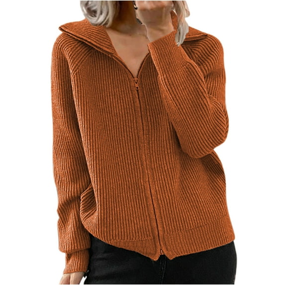 IROINNID Long Cardigans for Women Autumn Winter Striped Thread Coat Loose Knit Zipper Cardigan Long Sleeve Lapel Cardigan Tops,Orange