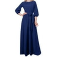 thumbnail image 1 of IROINNID Long Dress for Women Formal Wedding Guest Formal Dress Crewneck Lantern Long Sleeve Pullover Belt Solid Color Dress,Navy, 1 of 5