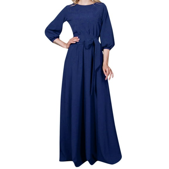 IROINNID Long Dress for Women Formal Wedding Guest Formal Dress Crewneck Lantern Long Sleeve Pullover Belt Solid Color Dress,Navy
