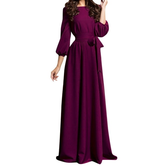 IROINNID Long Dress for Women Formal Wedding Guest Formal Dress Crewneck Lantern Long Sleeve Pullover Belt Solid Color Dress,Purple