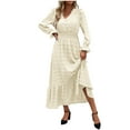 thumbnail image 1 of IROINNID Long Dress for Women Formal Wedding Guest Formal Dress Fall And Winter New Slim Dress Collar Bubble Sleeve Pleated Skirt,Beige, 1 of 5