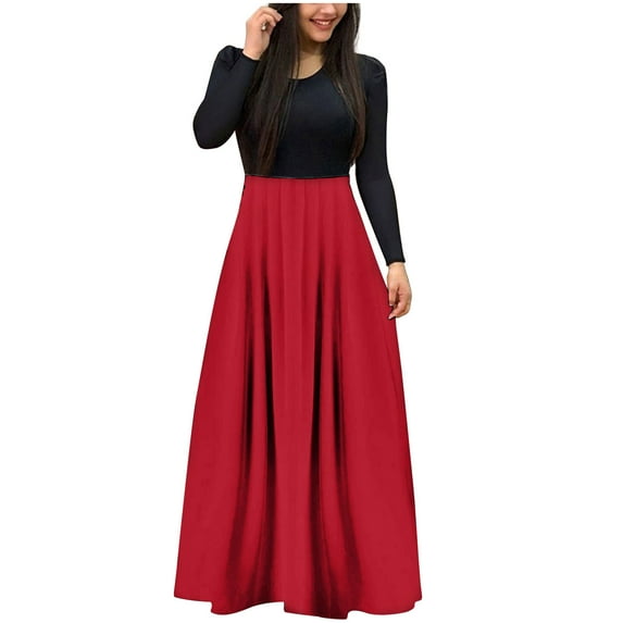 IROINNID Long Dress for Women Formal Wedding Guest Formal Dress Round Neck Long Sleeve Pure Joint Ladies Slim Dress,Red