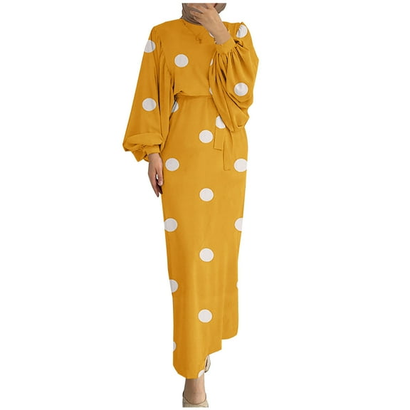 IROINNID Long Sleeve Dress for Women Fall Dress Full-Length Empire Dress The Winter Plus Size Round Neck Loose Long Sleeve Printed Dress,Yellow