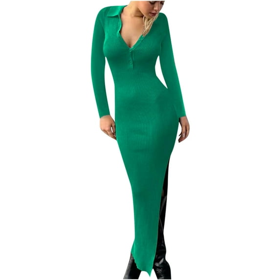 IROINNID Discount Long Sleeve Dress for Women Fall Dress Full-Length Formal Dress Versatile Turndown Collar Solid Color Tight Fitting Cutout Dress,Green