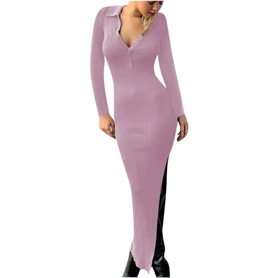 IROINNID Long Sleeve Dress for Women Fall Dress Full-Length Formal Dress Versatile Turndown Collar Solid Color Tight Fitting Cutout Dress,Pink