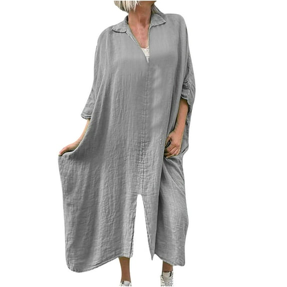 IROINNID Discount Long Sleeve Dress for Women Fall Dress Full-Length Shift Dress Summer Loose Turn-down Collar Slit Solid Long Sleeve Long Dresses,Gray