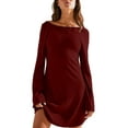 thumbnail image 1 of IROINNID Long Sleeve Dress for Women Thigh-Length Fit&Flare Dress Fall and Winter New Slim Trendy Dress V-neck Bubble Sleeve Pleated Skirt,Burgundy, 1 of 8