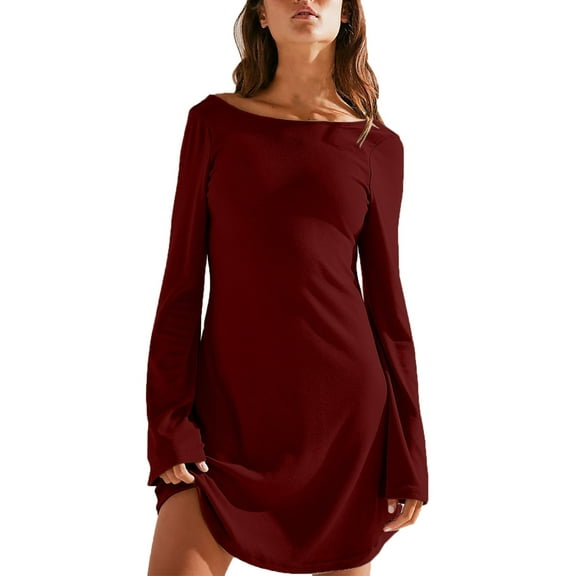 IROINNID Long Sleeve Dress for Women Thigh-Length Fit&Flare Dress Fall and Winter New Slim Trendy Dress V-neck Bubble Sleeve Pleated Skirt,Burgundy