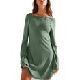 thumbnail image 1 of IROINNID Long Sleeve Dress for Women Thigh-Length Fit&Flare Dress Fall and Winter New Slim Trendy Dress V-neck Bubble Sleeve Pleated Skirt,Green, 1 of 8