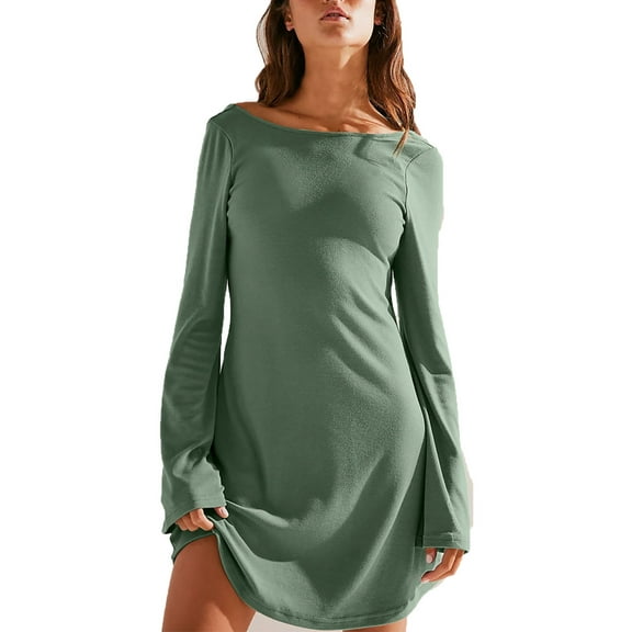 IROINNID Long Sleeve Dress for Women Thigh-Length Fit&Flare Dress Fall and Winter New Slim Trendy Dress V-neck Bubble Sleeve Pleated Skirt,Green