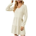 thumbnail image 1 of IROINNID Long Sleeve Dress for Women Mid-Length Fit&Flare Dress New Color V-Neck Splicing Long Sleeve Loose Dress A-Line Skirt,Beige, 1 of 6