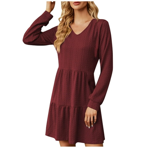 IROINNID Discount Long Sleeve Dress for Women Mid-Length Fit&Flare Dress New Color V-Neck Splicing Long Sleeve Loose Dress A-Line Skirt,Burgundy
