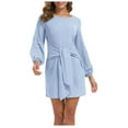 thumbnail image 1 of IROINNID Discount Long Sleeve Dress for Women Mid-Length Fit&Flare Dress Spring Sexy Round-Neck Solid Slimming Long Dress,Light Blue, 1 of 5