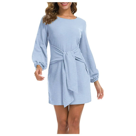 IROINNID Discount Long Sleeve Dress for Women Mid-Length Fit&Flare Dress Spring Sexy Round-Neck Solid Slimming Long Dress,Light Blue