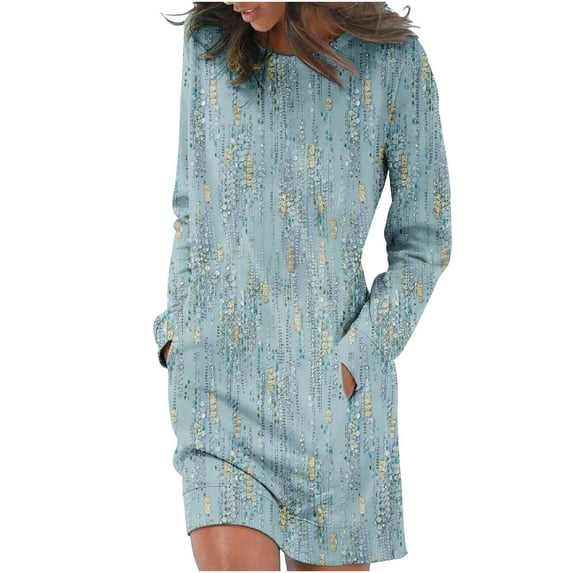 IROINNID Discount Long Sleeve Dress for Women Mid-Length Shift Dress Long Sleeve Print Round-Neck Ladies Holiday Outing Long Dress,Blue