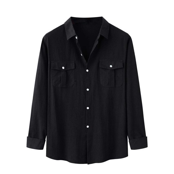 IROINNID Discount Long Sleeve Shirts for Men Leisure And Winter Stand Collar Solid Color Cotton Linen Shirt Top,Black