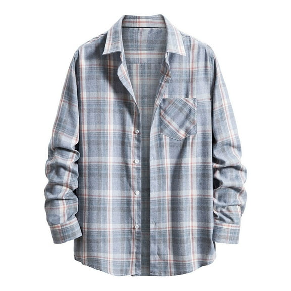 IROINNID Long Sleeve Shirts for Men Leisure Turndown Pocket Button Closure Plaid Print Shirts,Blue