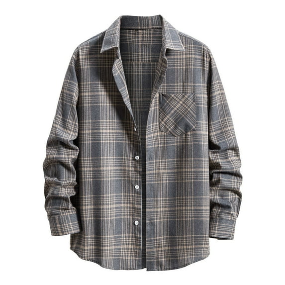 IROINNID Discount Long Sleeve Shirts for Men Leisure Turndown Pocket Button Closure Plaid Print Shirts,Gray