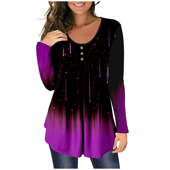 IROINNID Discount Long Sleeve T-Shirts for Women Lounge Open Button Round Neck Loose Fit Pleated Tunic Shirt Blouse Tops,Purple