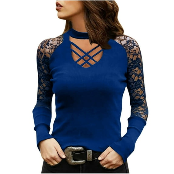 IROINNID Discount Long Sleeve T-Shirts for Women Sexy Solid Color Hollow Out Lace Patchwork Tops Blouse T-Shirt,Blue