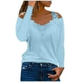 thumbnail image 1 of IROINNID Long Sleeve T-Shirts for Women V-Neck Home Lace Patchwork Solid Blouse To,Blue, 1 of 6