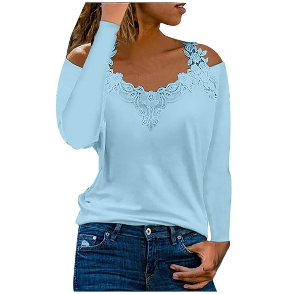 IROINNID Long Sleeve T-Shirts for Women V-Neck Home Lace Patchwork Solid Blouse To,Blue