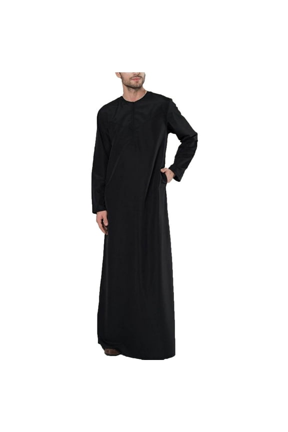 Men's Muslim Robe Set Arab Middle Robe Long Sleeve Standing Neck Zipper Robe,Black