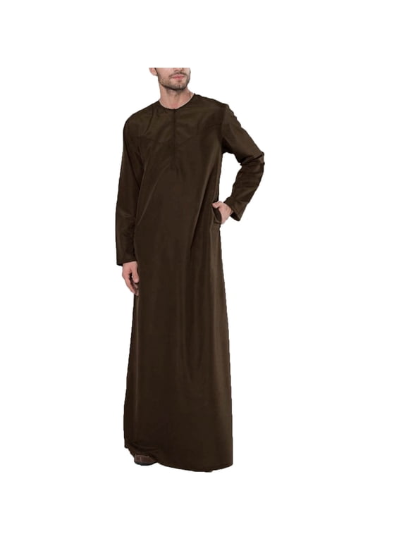 Men's Muslim Robe Set Arab Middle Robe Long Sleeve Standing Neck Zipper Robe,Brown