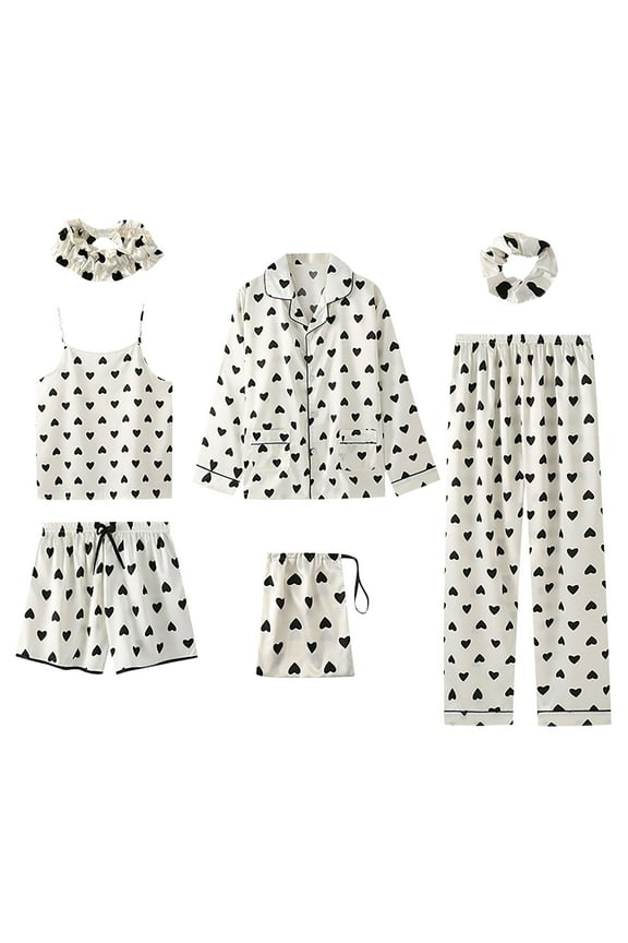 Pajamas for Women 7 Pieces Pajamas Sets Faux Silk Pajamas Sleepwear Sets Spring Summer Sleepwear,White