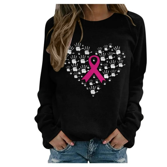 IROINNID Discount Pink Breast Cancer Top for Women Pink Ribbon Comfy Long Sleeve Printed Ladies Sweatshirts Tops,Black