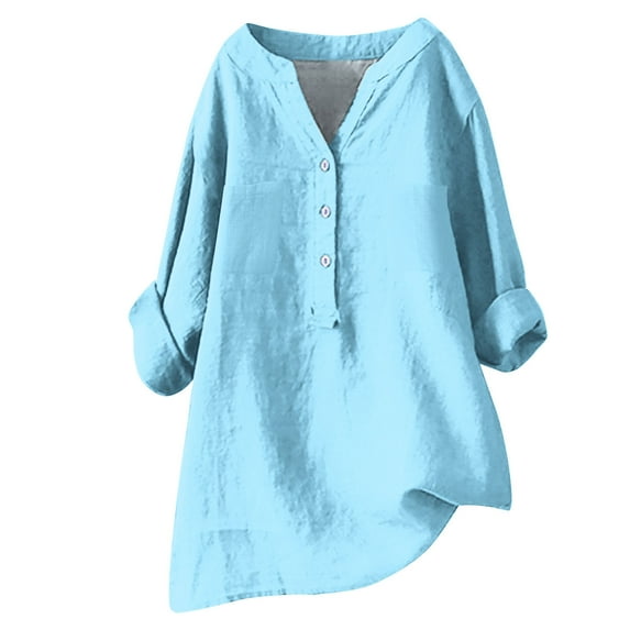 IROINNID Discount Plus Size Shirts for Women Cool Shirts for Women Casual Summer Long Sleeve Blouse V-Neck Solid Tops T-Shirt,Light Blue