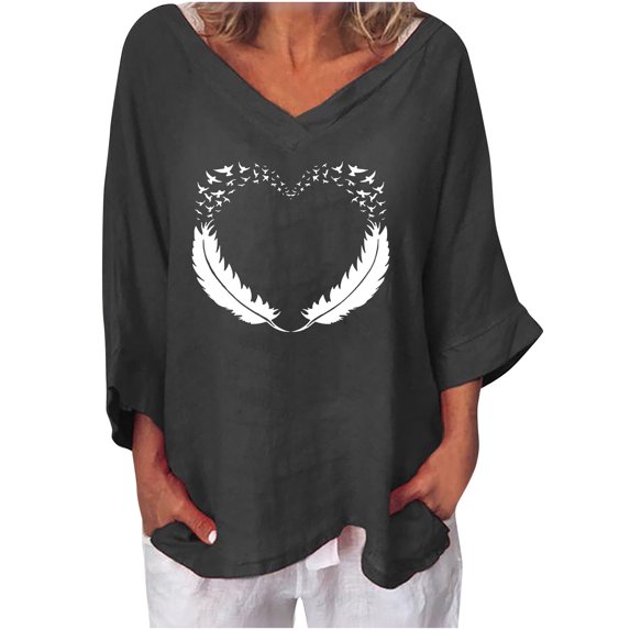 IROINNID Discount Plus Size Shirts for Women Cotton Shirts for Women Casual Printed V- Neck Three Quarter Sleeve T-shirt Blouse Loose Tops,Black