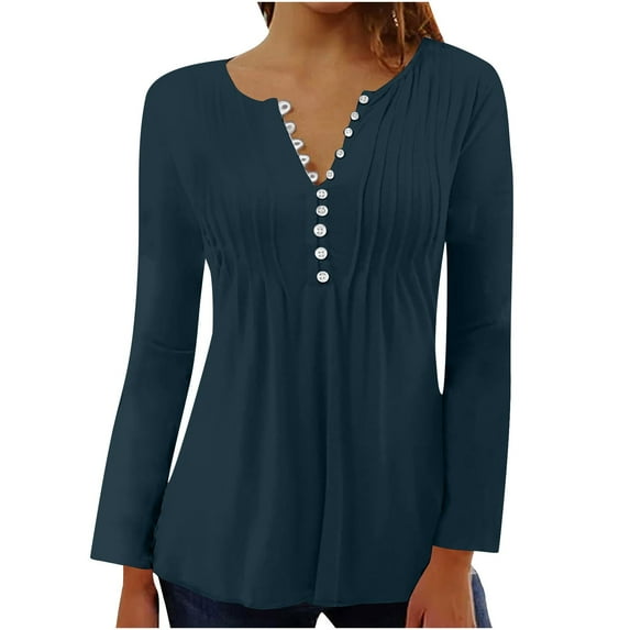 IROINNID Discount Plus Size Shirts for Women Crew Neck Long Sleeve Casual Summer Sexy Fold Printed Regular Round Neck Button Top,Navy