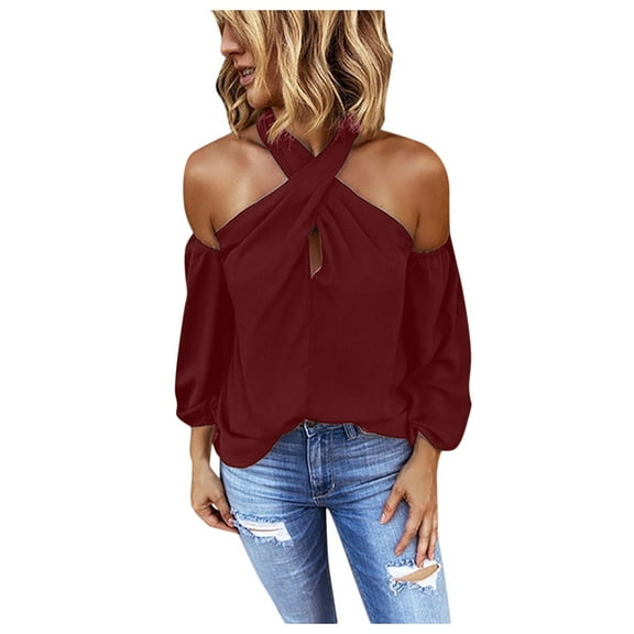 IROINNID Polyester Long Sleeve T Shirt for Women Casual Backless Solid Color Shirt Strapless Tops,Burgundy