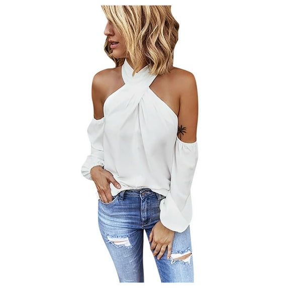 IROINNID Discount Polyester Long Sleeve T Shirt for Women Casual Backless Solid Color Shirt Strapless Tops,White