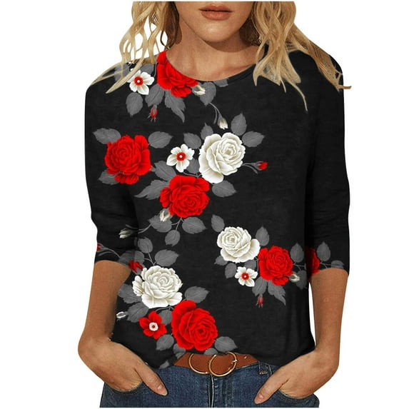 IROINNID Discount Polyester Long Sleeve T Shirt for Women Casual Printed Loose T-shirt Blouse Round Neck Tops,Black