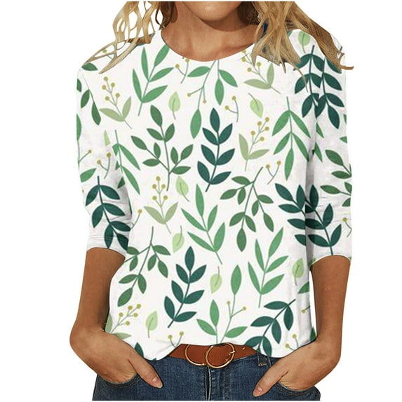 IROINNID Polyester Long Sleeve T Shirt for Women Casual Printed Loose T-shirt Mid-length Blouse Round Neck Tops,Green