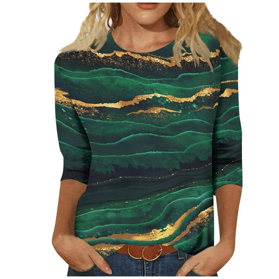 IROINNID Polyester Long Sleeve T Shirt for Women Casual Printed T-shirt Blouse Round Neck Tops,Olive Green