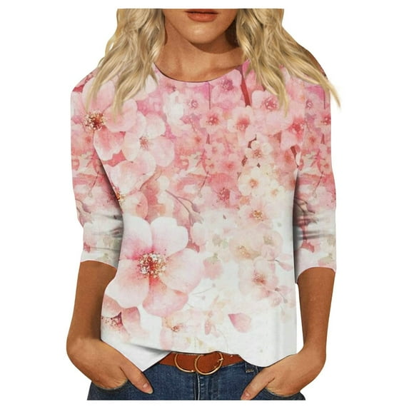 IROINNID Polyester Long Sleeve T Shirt for Women Casual Printed T-shirt Blouse Round Neck Tops,Pink
