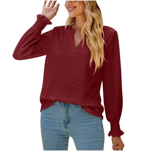 IROINNID Discount Polyester Long Sleeve T Shirt for Women Casual Slot Neck Solid Color Ruffle Sleeve Tops Blouse,Burgundy